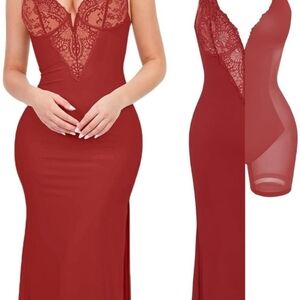 Red Lace-Detail Evening Gown